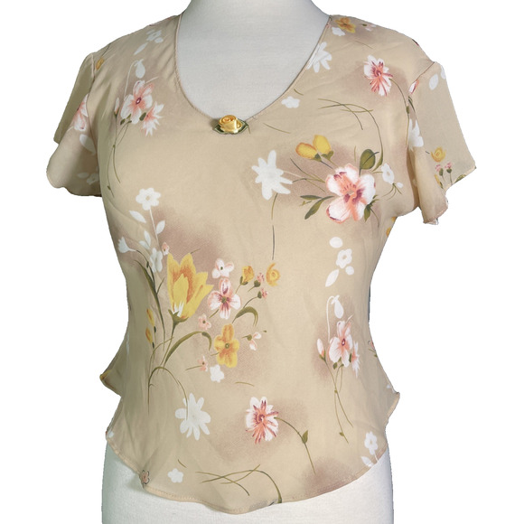 Kristine Tyler Intimates Top Women’s Floral Georgette Sheer V Neck Blouse - Picture 1 of 6